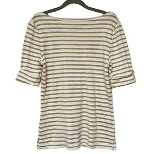{Ralph Lauren} White Gold Glitter Stripe Boat Neck Holiday Christmas T-Shirt Top